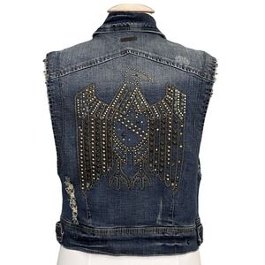 VTG Gold Mine Women Jacket L Denim Vest Eagle Embroidered Stud Western Biker